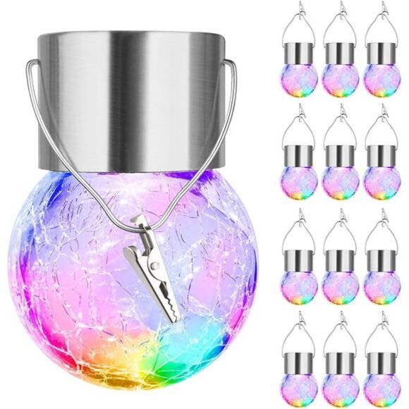 12-Pack Hanging Solar Lights, Decorative Cracked Glass Ball Light, Multicolor - Picture 1 of 6